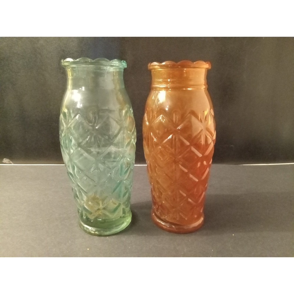 Quilted Diamond Pattern Glass Vase Set of 2 Blue Orange 6.5 Inch Pressed Glass